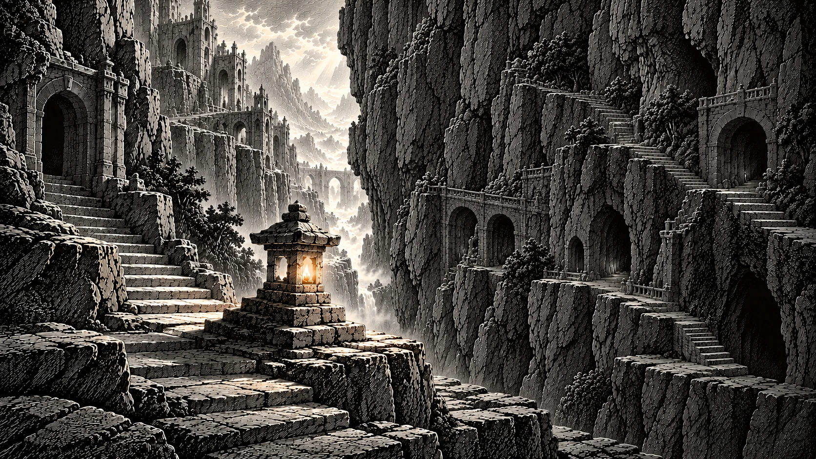 An engraved city of stone stairs and arched doorways in a misty canyon. A carved stone lantern holds a single flame.