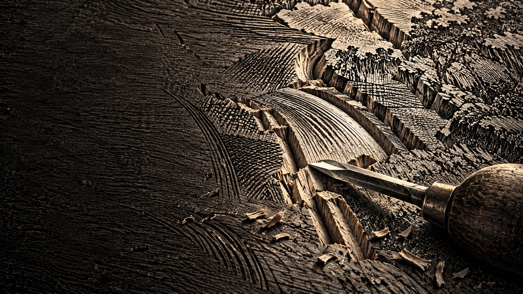 Close-up of a carved engraving block: V-shaped grooves cut into dark wood, a burin resting across the cut, curls of wood beside it.